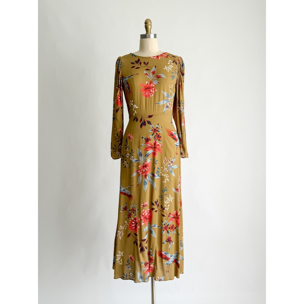 Rachel Pally Maxi Dress Floral Crane Print S Green Long Sleeve Boho